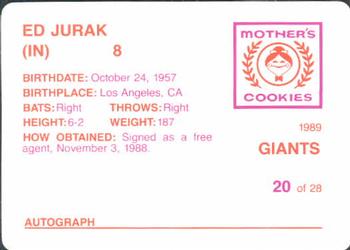 1989 Mother's Cookies San Francisco Giants #20 Ed Jurak Back