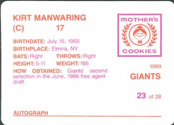 1989 Mother's Cookies San Francisco Giants #23 Kirt Manwaring Back