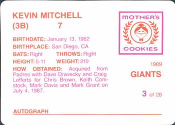 1989 Mother's Cookies San Francisco Giants #3 Kevin Mitchell Back