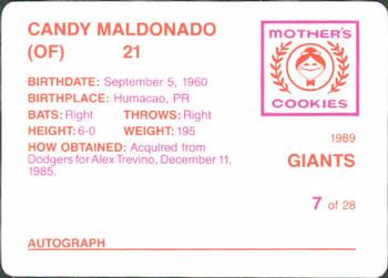 1989 Mother's Cookies San Francisco Giants #7 Candy Maldonado Back