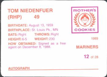 1989 Mother's Cookies Seattle Mariners #12 Tom Niedenfuer Back