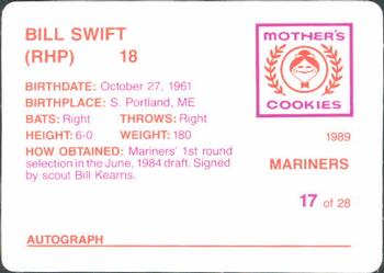 1989 Mother's Cookies Seattle Mariners #17 Bill Swift Back