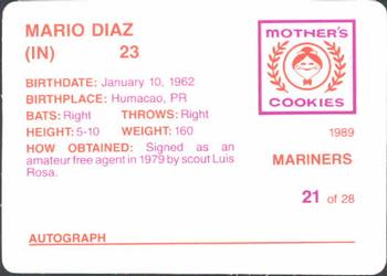 1989 Mother's Cookies Seattle Mariners #21 Mario Diaz Back