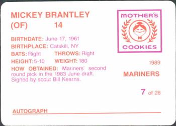 1989 Mother's Cookies Seattle Mariners #7 Mickey Brantley Back