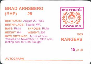1989 Mother's Cookies Texas Rangers #15 Brad Arnsberg Back