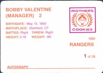 1989 Mother's Cookies Texas Rangers #1 Bobby Valentine Back