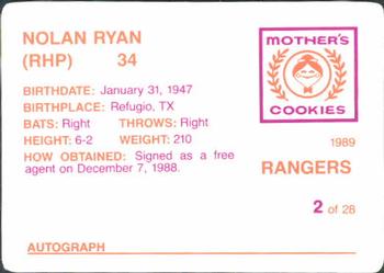 1989 Mother's Cookies Texas Rangers #2 Nolan Ryan Back