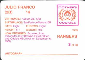 1989 Mother's Cookies Texas Rangers #3 Julio Franco Back