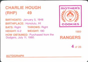 1989 Mother's Cookies Texas Rangers #4 Charlie Hough Back
