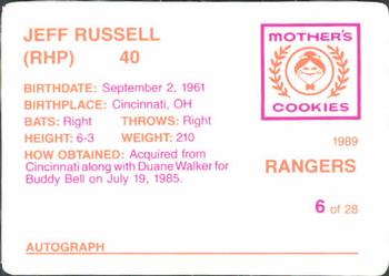 1989 Mother's Cookies Texas Rangers #6 Jeff Russell Back