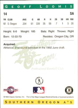 1993 Classic Best Southern Oregon A's #14 Geoff Loomis Back