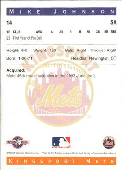 1993 Classic Best Kingsport Mets #14 Mike Johnson Back