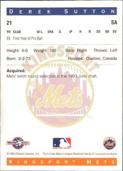1993 Classic Best Kingsport Mets #21 Derek Sutton Back