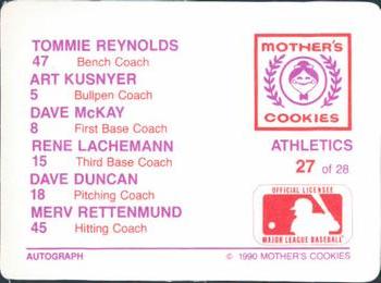 1990 Mother's Cookies Oakland Athletics #27 Athletics Coaches (Tommie Reynolds / Art Kusnyer / Dave McKay / Rene Lachemann / Dave Duncan / Merv Rettenmund) Back