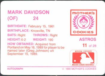 1990 Mother's Cookies Houston Astros #11 Mark Davidson Back