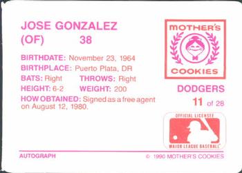 1990 Mother's Cookies Los Angeles Dodgers #11 Jose Gonzalez Back