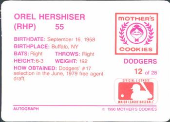 1990 Mother's Cookies Los Angeles Dodgers #12 Orel Hershiser Back