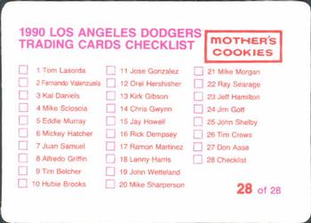 1990 Mother's Cookies Los Angeles Dodgers #28 Coaches & Checklist (Joe Ferguson / Ron Perranoski / Ben Hines / Mark Cresse / Joe Amalfitano / Manny Mota / Bill Russell) Back