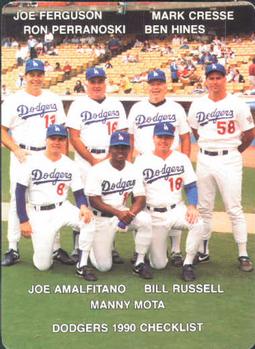 1990 Mother's Cookies Los Angeles Dodgers #28 Coaches & Checklist (Joe Ferguson / Ron Perranoski / Ben Hines / Mark Cresse / Joe Amalfitano / Manny Mota / Bill Russell) Front