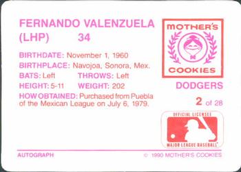 1990 Mother's Cookies Los Angeles Dodgers #2 Fernando Valenzuela Back