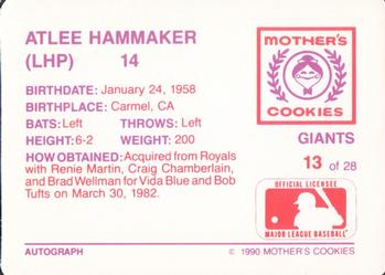 1990 Mother's Cookies San Francisco Giants #13 Atlee Hammaker Back