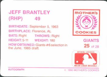 1990 Mother's Cookies San Francisco Giants #25 Jeff Brantley Back