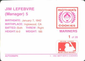 1990 Mother's Cookies Seattle Mariners #1 Jim Lefebvre Back