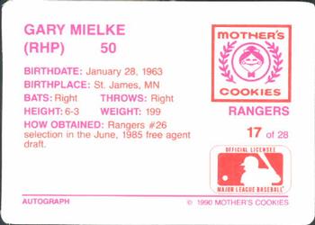1990 Mother's Cookies Texas Rangers #17 Gary Mielke Back