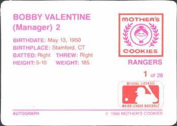 1990 Mother's Cookies Texas Rangers #1 Bobby Valentine Back