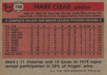 1981 Topps Traded #748 Mark Clear Back