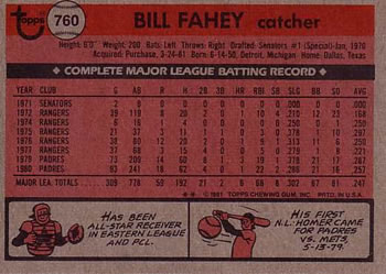 1981 Topps Traded #760 Bill Fahey Back