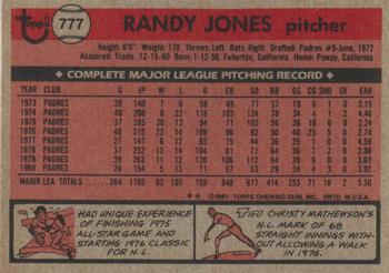 1981 Topps Traded #777 Randy Jones Back