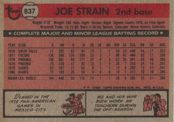 1981 Topps Traded #837 Joe Strain Back
