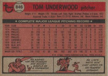 1981 Topps Traded #846 Tom Underwood Back