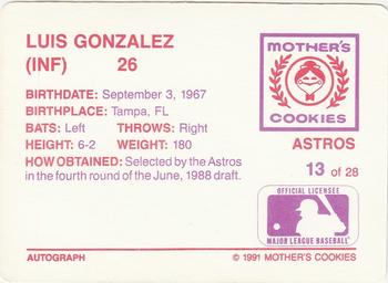 1991 Mother's Cookies Houston Astros #13 Luis Gonzalez Back