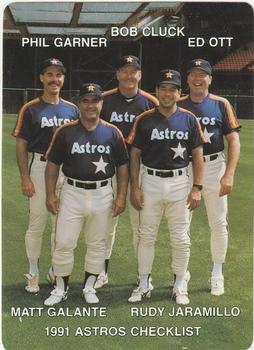 1991 Mother's Cookies Houston Astros #28 Coaches & Checklist (Phil Garner / Bob Cluck / Ed Ott / Matt Galante / Rudy Jaramillo) Front