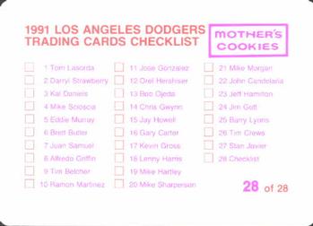 1991 Mother's Cookies Los Angeles Dodgers #28 Coaches & Checklist (Joe Ferguson / Ben Hines / Joe Amalfitano / Mark Cresse / Ron Perranoski / Bill Russell / Manny Mota) Back