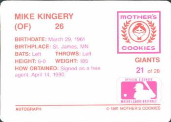 1991 Mother's Cookies San Francisco Giants #21 Mike Kingery Back