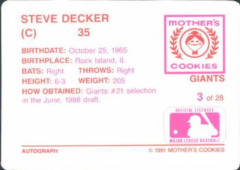 1991 Mother's Cookies San Francisco Giants #3 Steve Decker Back