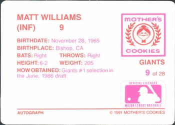 1991 Mother's Cookies San Francisco Giants #9 Matt Williams Back