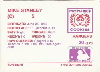 1991 Mother's Cookies Texas Rangers #20 Mike Stanley Back