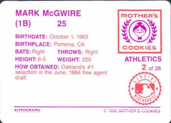1992 Mother's Cookies Oakland Athletics #2 Mark McGwire Back