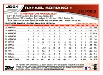 2013 Topps Update - Gold #US61 Rafael Soriano Back
