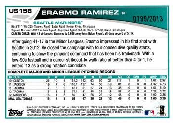 2013 Topps Update - Gold #US158 Erasmo Ramirez Back