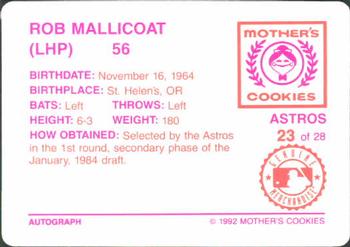 1992 Mother's Cookies Houston Astros #23 Rob Mallicoat Back