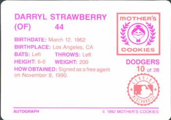 1992 Mother's Cookies Los Angeles Dodgers #10 Darryl Strawberry Back