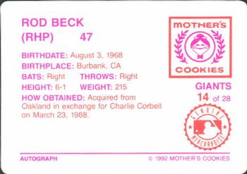 1992 Mother's Cookies San Francisco Giants #14 Rod Beck Back