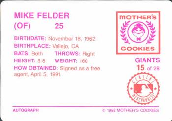1992 Mother's Cookies San Francisco Giants #15 Mike Felder Back