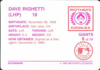 1992 Mother's Cookies San Francisco Giants #8 Dave Righetti Back
