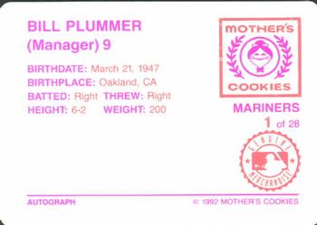1992 Mother's Cookies Seattle Mariners #1 Bill Plummer Back
